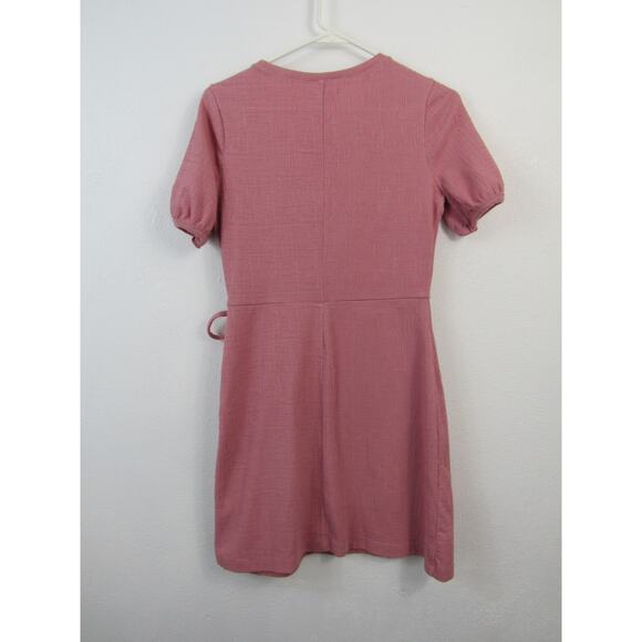 Madewell XS Crosshatch Puff-Sleeve Faux-Wrap Mini Dress Weathered Berry Pink - Picture 6 of 7